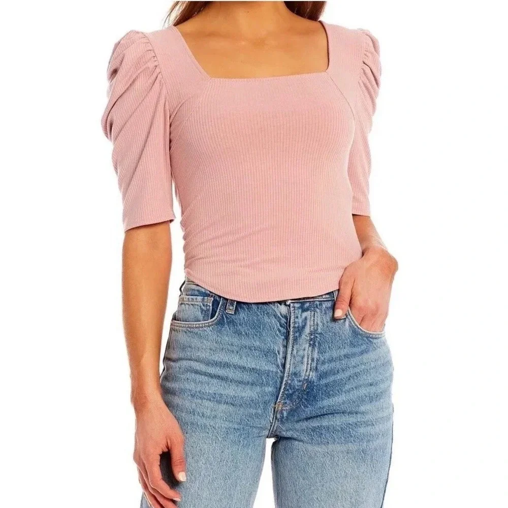 We The Free Free People Puff Sleeve Ribbed Square Neck Top XS Mauve Pink